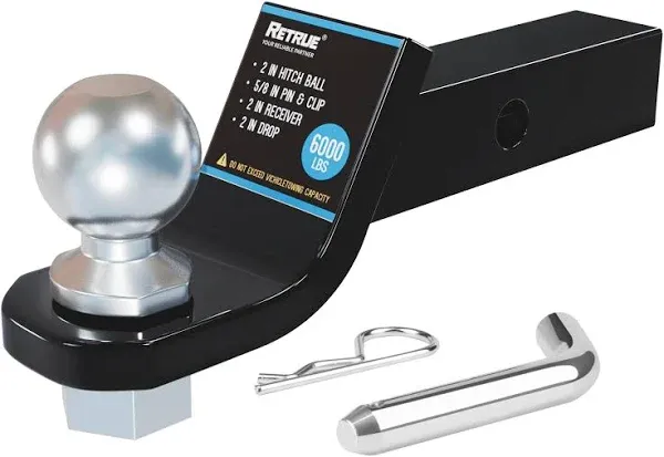 Trailer Hitch Ball Mount with 2 inch Ball & Hitch Pin, Solid Tow Hitch Fits 2 inch Receiver, 6000lbs, 2” Drop, Black