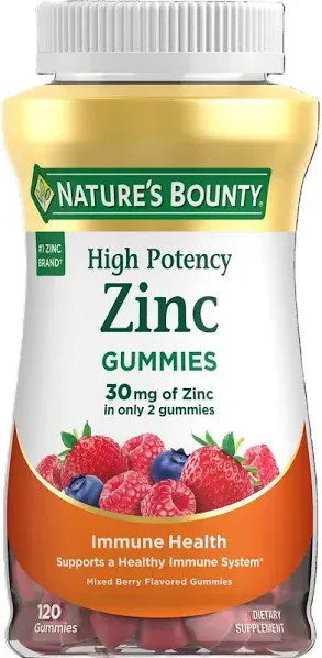 Nature's Bounty High Potency 30mg Zinc Gummies Dietary Supplement, Mixed Berry (120 ct)