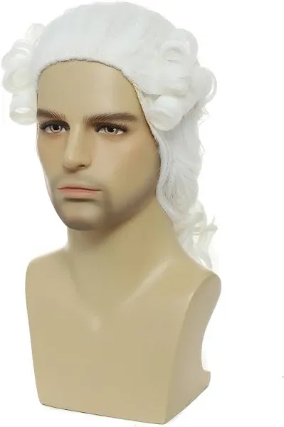 Judge Colonial Wig Man Long Wave White Wig Washington Halloween Costume Cosplay Wig (White)