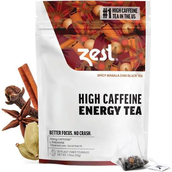 Zest 150mg High Caffeine Energy Leaf Blend - Spicy Masala Chai Black Tea - 20 Pack Bag - All Natural Strong Flavored Healthy Coffee Alternative Highly Caffeinated Substitute - Perfect for Keto Diet