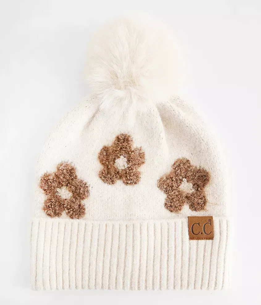 Women C.C.Beanie Daisy Contrast Faux Fur Pom