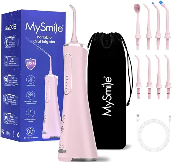 MySmile LP211 Cordless Advanced Water Flossers for Teeth, 5 Cleaning Modes Rechargeable Power Dental Flosser 8 Replacement Jet Tips IPX 7 Waterproof Dental Irrigator with Portable Travel Storage Pouch