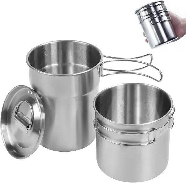 2Pcs 4Pcs Foldable Camping Cups and Mugs Pot 304-Food-Grade Stainless Steel Outdoor-cookware-Set with Vented lid