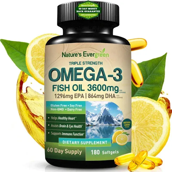 Triple Strength Omega 3 Fish Oil 3600 mg | 2160mg of Omega-3 Fatty Acids | 1296mg EPA + 864mg DHA | The Best Essential Fatty Acids | Ultra High Pure Liquid Softgel Supplements (180 Ct)