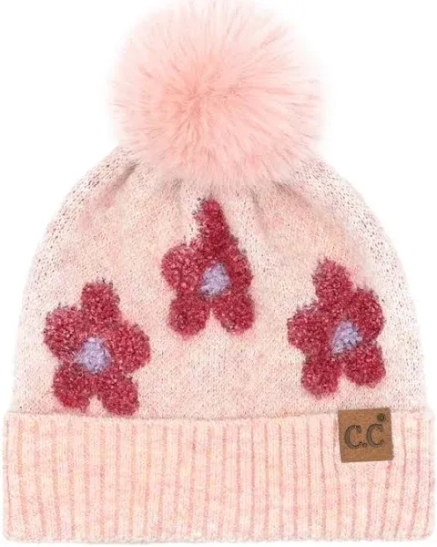 Women C.C.Beanie Daisy Contrast Faux Fur Pom