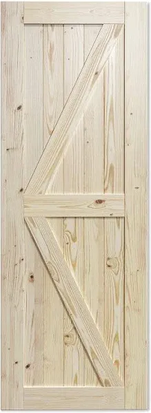 SmartStandard 30in x 80in Sliding Barn Wood Door Pre-Drilled Ready to Assemble, DIY Unfinished Solid Spruce Wood Panelled Slab, Interior Single Door Only, Natural, K-Frame (Fit 5FT Rail)