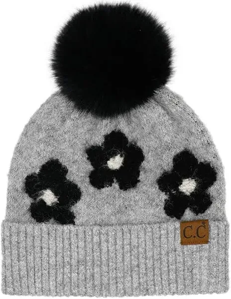 Women C.C.Beanie Daisy Contrast Faux Fur Pom