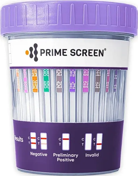 Prime Screen Urine Drug Test Compact Cup 16 Panel Kit (AMP,BAR,BUP,BZO,COC,mAMP,MDMA,MOP/OPI,MTD,OXY,PCP,THC, ETG, FTY, TRA, K2) -CDOA-9165EFTK (5)