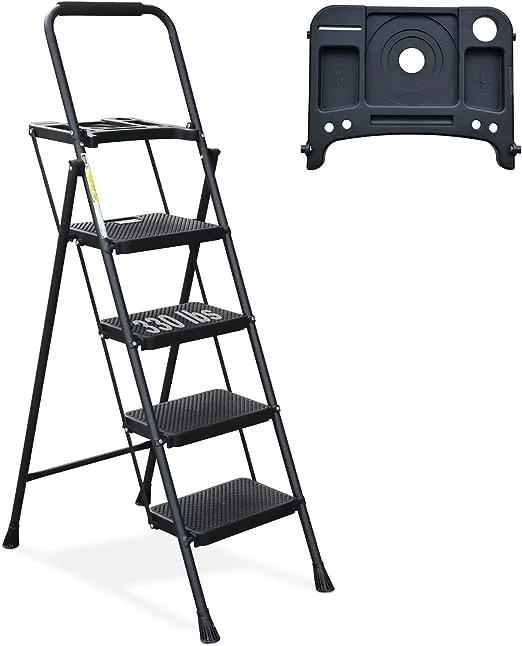 HBTower 3 Step Ladder, Folding Step Stool with Wide Anti-Slip Pedal, 500 lbs Sturdy Steel Ladder, Convenient Handgrip, Lightweight, Portable, Green and Black