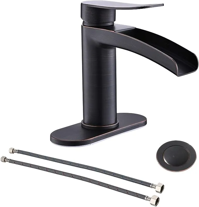 Phiestina Oil Rubbed Bronze Waterfall Single Handle Bathroom Sink Faucet, with 6-Inch Deck Plate & Metal Pop Up Drain Assembly and CUPC Water Supply Lines,NS-SF01-ORB