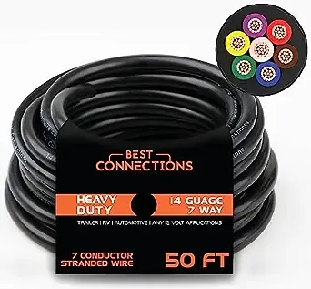 BEST CONNECTIONS 7 Way Trailer Wire (50 Feet) – Heavy Duty 14 Gauge 7 Conductor Insulated Cable – Durable, Weatherproof, Color-Coded 7 Way Trailer Wiring Extension for RV Trailer and Automotive