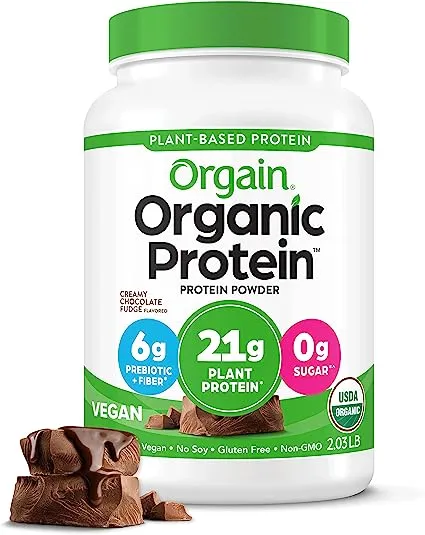 Orgain Organic Vegan Protein Powder, Creamy Chocolate Fudge - 21g Plant Based Protein, Gluten Free, Dairy Free, Lactose Free, Soy Free, No Sugar Added, Kosher, For Smoothies & Shakes - 2.03lb