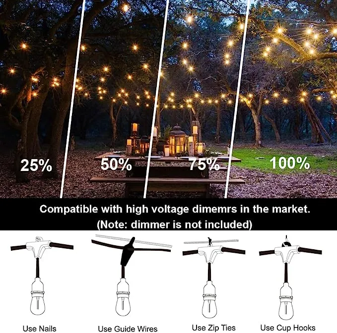 Outdoor String Lights LED 100FT Commercial Grade Heavy Duty with 30 Sockets 32 Shatterproof Include 2 Spare S14 Dimmable Plastic Edison Bulbs For Patio Market Cafe