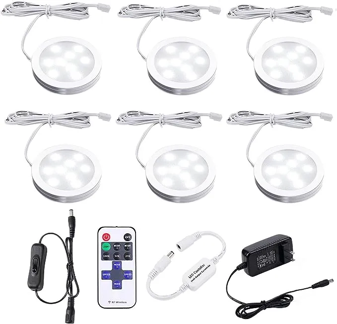 AIBOO LED Under Cabinet Lighting Fixture Kitchen Under Counter Lights with Plug in and Wireless RF Remote Control, 6 Thin Cabinet LED Puck Light Kits (4000K Natural White)