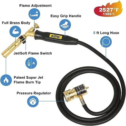 BLUEFIRE MRAS-8210 Jumbo Turbo Flame 5' Hose Propane Gas Welding Torch Kit with MAPP Gas Great High Intensity Nozzle Head Fuel by MAP Pro for Soldering Brazing Large Diameter Copper Pipe