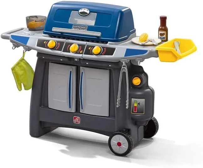 Step2 Sizzle & Smoke Barbecue Blue Toddler Grill Playset with 15 Piece Plastic Barbeque Play Set