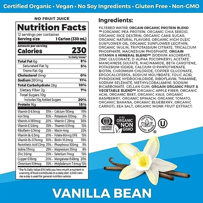 Orgain Organic Nutrition Nutritional Shake, Vanilla Bean Flavored, 12 Pack - 12 pack, 11 fl oz cartons