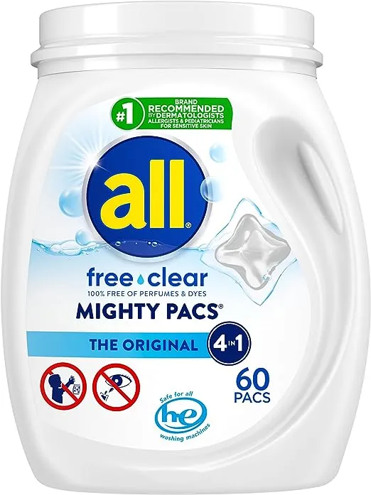 all Mighty Pacs Laundry Detergent, Free Clear Odor Relief, Tub, 56 Count