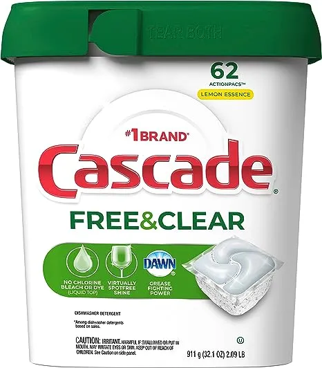 Cascade Free & Clear Action Pacs, Dishwasher Detergent, Lemon Essence, 62 Count