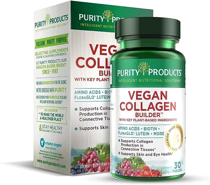 Vegan Collagen Builder - Organic Whole Foods Fruits + Veg, Silica, Lutein, Vitamin C, Biotin, Grape Seed - Amino Acids Glycine, Lysine + Proline Collagen Boosters - Once A Day - 30 Tablets