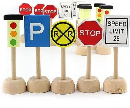 Attatoy Kids Wooden Street Signs Playset (14-Piece Set), Wood Traffic Signs Perfect for Car & Train Set