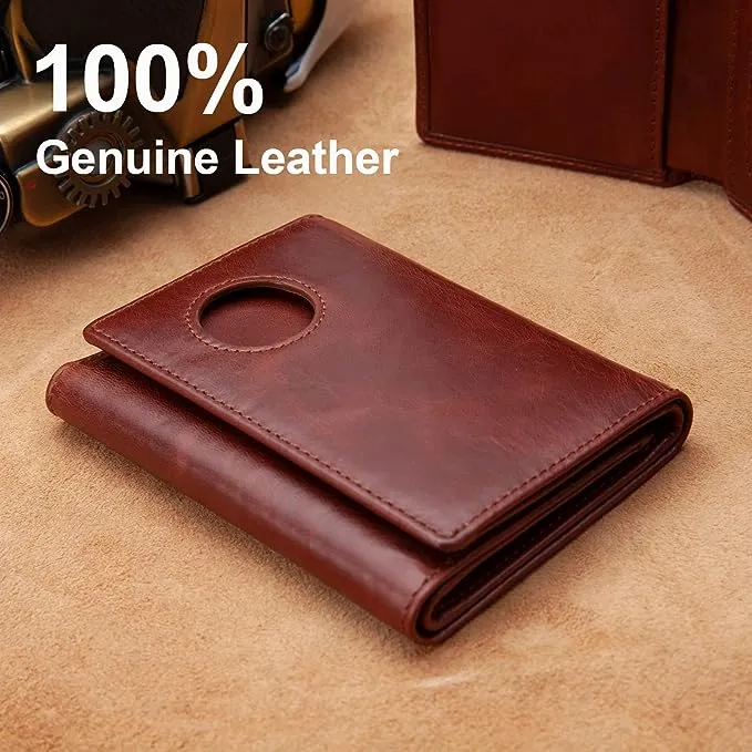 Trifold AirTag Wallet Men,Wallet with Air Tag Holder Genuine Leather RFID Blocking Wallet for Apple Airtag Brown (Apple Airtag Not included)