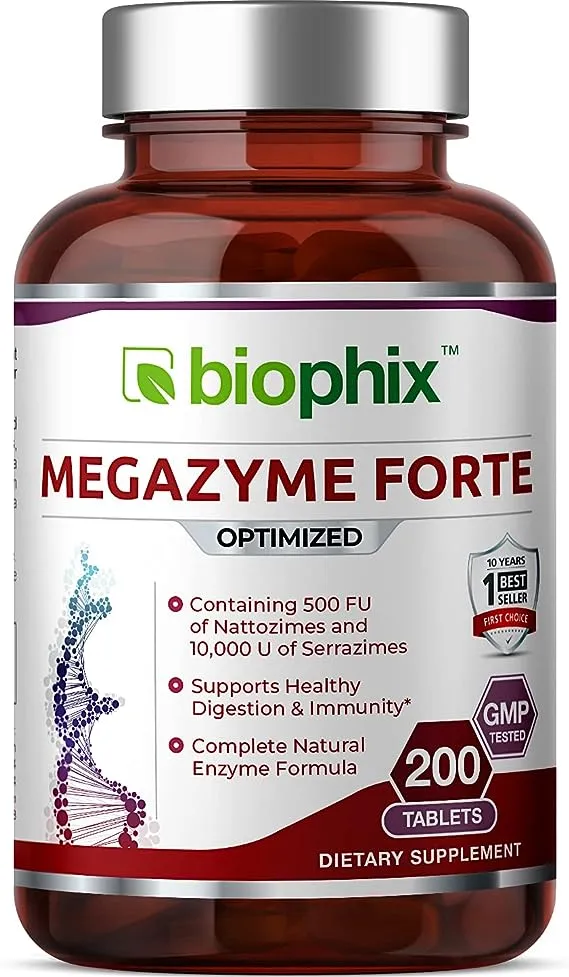 biophix Megazyme Forte 200 Tablets - Natural Plant Proteolytic Enzymes Nattozimes Serrazimes Supports Digestive System Immune Health