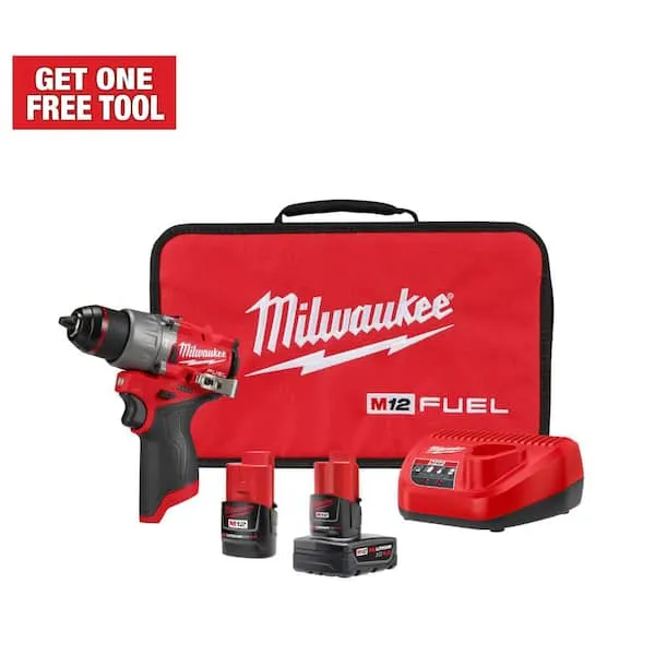 Milwaukee 3404-22 12 V Kraftstoff 1/2 Zoll Schlagbohrmaschine/Schraubendreher-Set mit 4,0 Ah, 2,0 Ah Lithium-Ionen-Akkus, Ladegerät und Werkzeugtasche