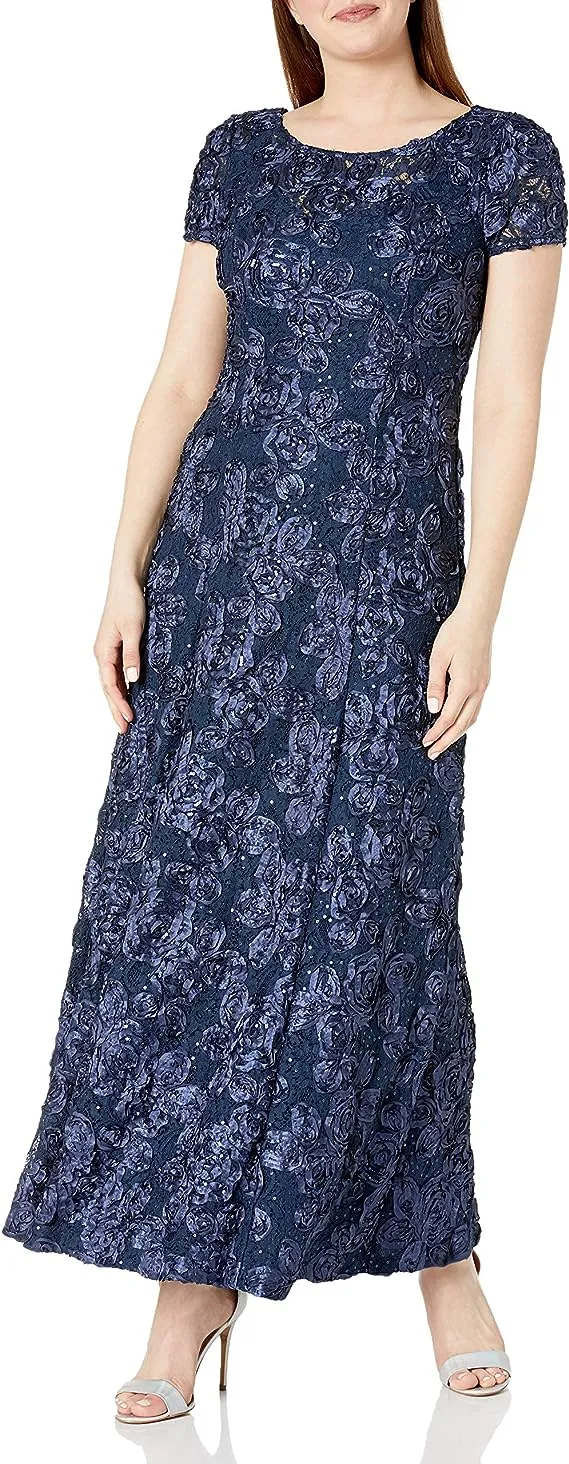 Alex Evenings Women's Rosette Shimmer Gown - Navy - Size 16