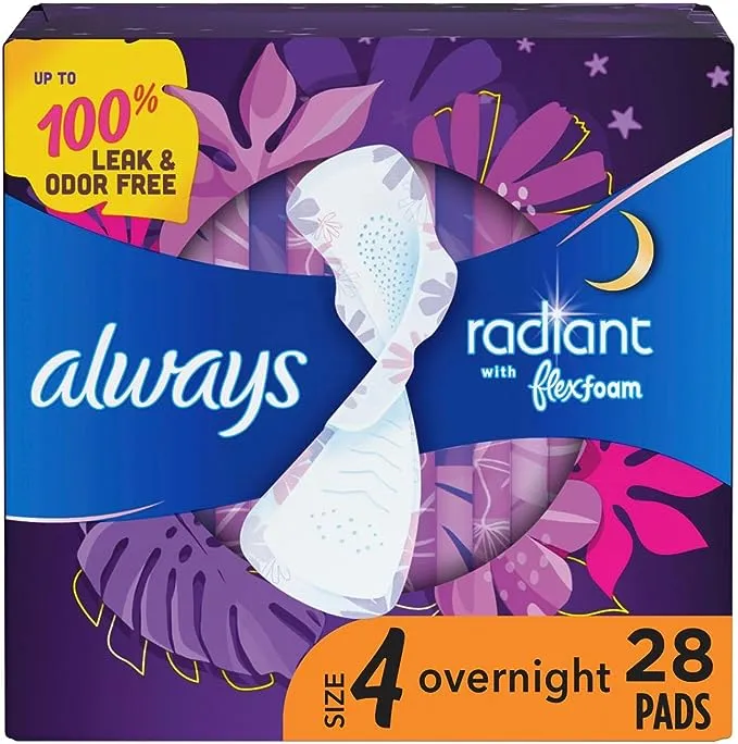 Always Radiant Overnight Sanitary Pads with Wings - Scented - Size 4 - 60ct