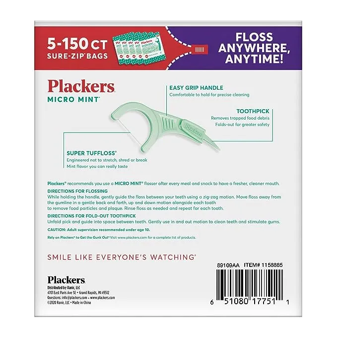 Plackers Micro - Púas de hilo dental sabor a menta, 90 unidades, paquete de 3