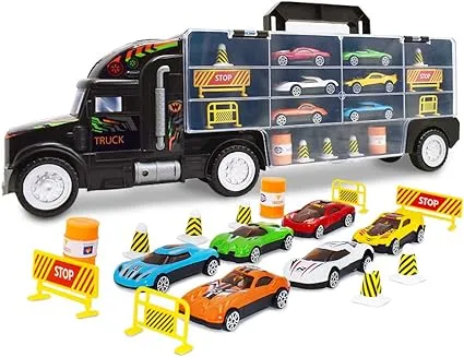 Transport Car Carrier Truck Toy - Car Transporter Carrier Truck Car Set- Toy Car Storage Organizer - Car Carriers Toy Trucks for Boys Age 4-7 with 6 Matchbox Cars, Construction Signs and Cones