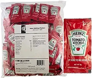 Slide Seal Bag of 100 Heinz 9g Ketchup Condiment Packs Condiment Packs - Ketchup w/ Plastic Food Bag & Slide Seal – Perfect for Boxed Lunches, BBQ, Picnics, and Parties (Ketchup, 100 Count)