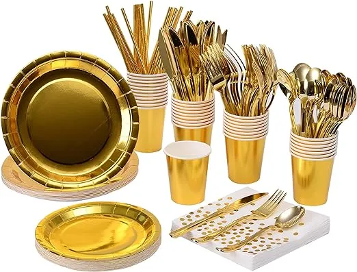 200pcs Solid Gold Party Supplies Paper Plates Napkins Cups Silverware Serves 25 Sets