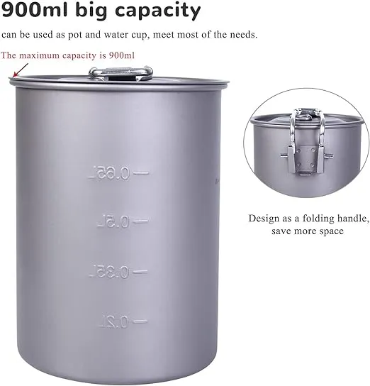 Ultralight Portable 900Ml Outdoor Titanium Pot with Lid Folding Handle Camping W