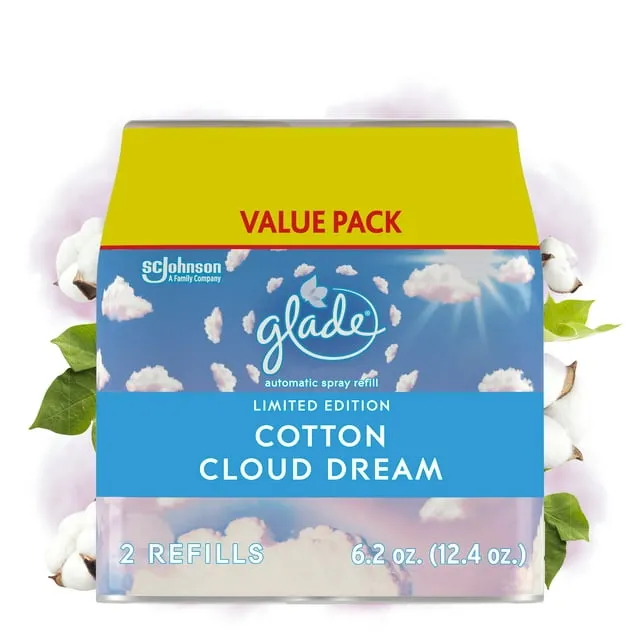 Glade Automatic Spray Refill, Air Freshener for Home and Bathroom, Cotton Cloud Dream, 6.2 Oz, 2 Count