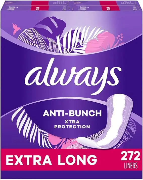 Always Anti-Bunch Xtra Protection, Panty Liners For Women, Extra Long Length, Unscented, 68 Count X 4 Packs (272 Count Total)