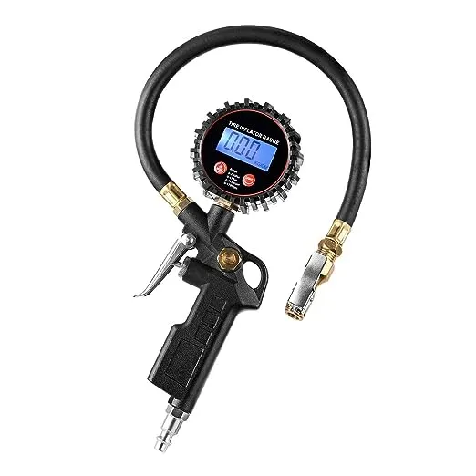 CZC AUTO Digital Tire Inflator Pressure Gauge, LED Display Tyre Deflator Gage with Straight Brass Lock-on Chuck Rubber Hose, Compatible with Air Pump Compressor for Truck Bus RV Car Motorcycle Bike