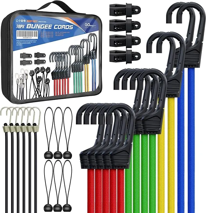 GOEASY0312 Bungee Cords Heavy Duty Outdoor - 30 PCS Bungee Cords Assorted Sizes in Carry Bag Includes 10", 18", 24", 32", 40" Bungee Cords with Hooks & 8" Canopy/Bungee Balls, Tarp Clips