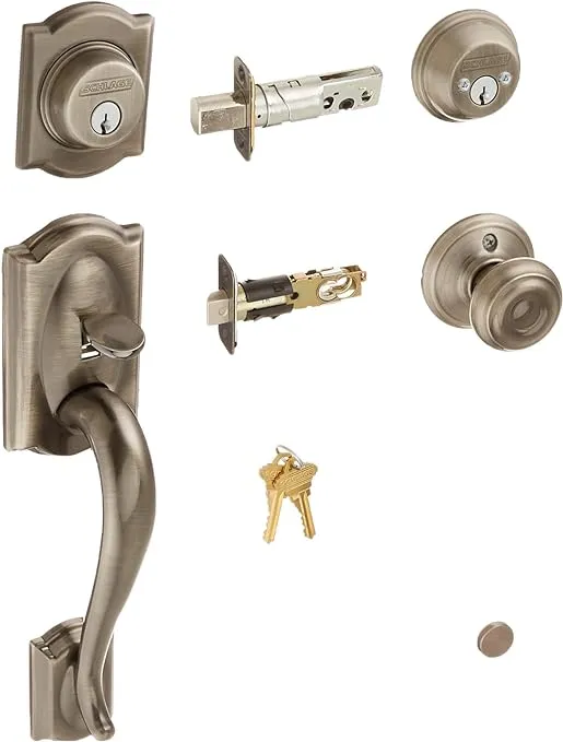 Schlage F62-CAM-GEO Camelot Double Cylinder Handleset with Georgian - Antique Pewter