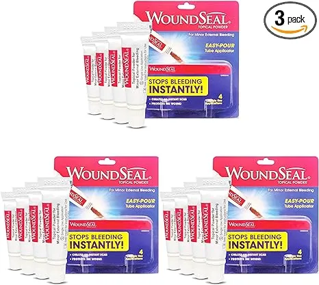 WoundSeal Powder 4 Each (Pack of 3) - Wound Care First Aid for Cuts, Scrapes and Abrasions - Stops Bleeding in Seconds Without Stitches or Bandages - Safe and Effective for People of All Ages and Pets