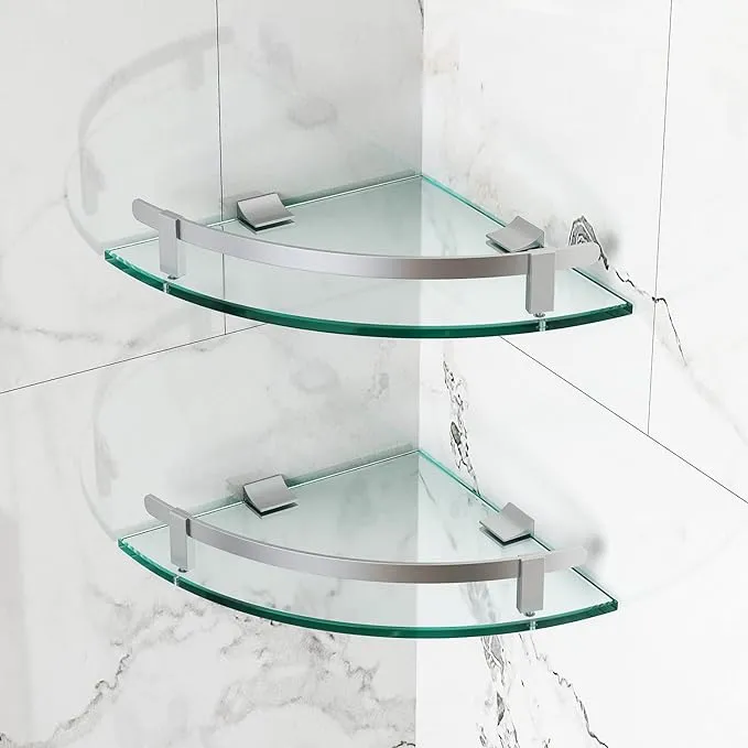 WAKLOND Bathroom Shelves, Glass Shelf Wall Mounted Glass Corner Shower Shelf with Aluminum Rail for Bathroom (2 Packs)