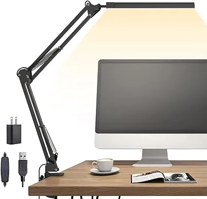 TROPICALTREE LED Desk Lamp, Swing arm Desk Light with clamp, 3 Lighting 10 Brightness Eye-Caring Modes, Reading Desk Lamps for Home Office 360 Degree Spin with USB Adapter & Memory Function black-14W