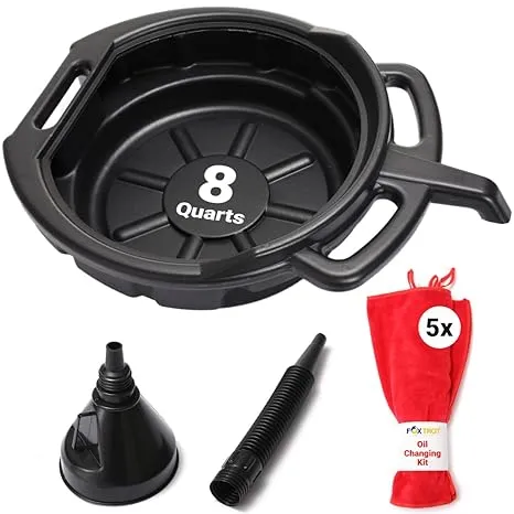 Oil Change Kit - Includes 8-Quart Oil Pan, Longneck Oil Funnel with Removable Filter, and 5 Pack of Shop Towels - Motor Oil Drain Pan for Changing