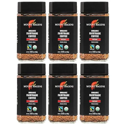 Mount Hagen 3.53oz Organic Freeze Dried Instant Coffee - 6 pack | Eco-friendly Coffee Made From Organic Medium Roast Arabica Beans | Fair-Trade Coffee Instant [6 x 3.53oz Jar]