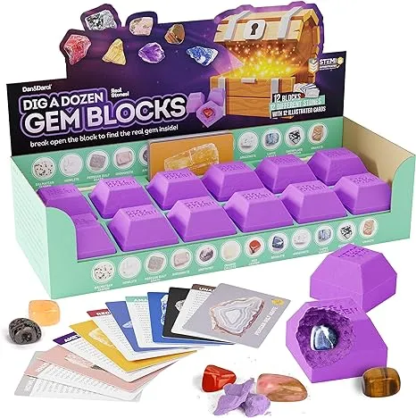 Dig a Dozen Gem Blocks - Break Open 12 Unique Gemstone Blocks and Discover 12 Real Precious Stones - Mineral & Rock Collection for Kids - Archaeology Geology Science Gift for Boys & Girls