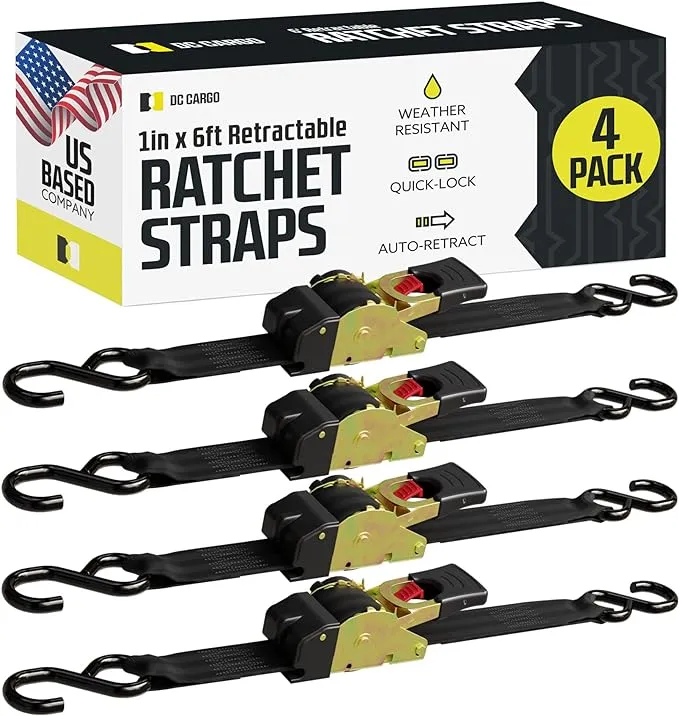 DC Cargo Auto Retractable Ratchet Straps Heavy Duty - (4 Pack) 1" x 6' - Working Load Limit 500Lbs - ABS 1,200lbs - Ratchet Tie Down Straps SELF-CONTAINED Tiedowns for Motorcycles, ATVs, Bikes, Boats