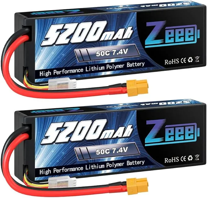 Zeee 2S Lipo Battery 7.4V 5200mAh 50C Battery with XT60 Plug Hard Case for 1/8 1/10 RC Vehicles Car Slash RC Buggy Truggy RC Airplane(2 Pack)