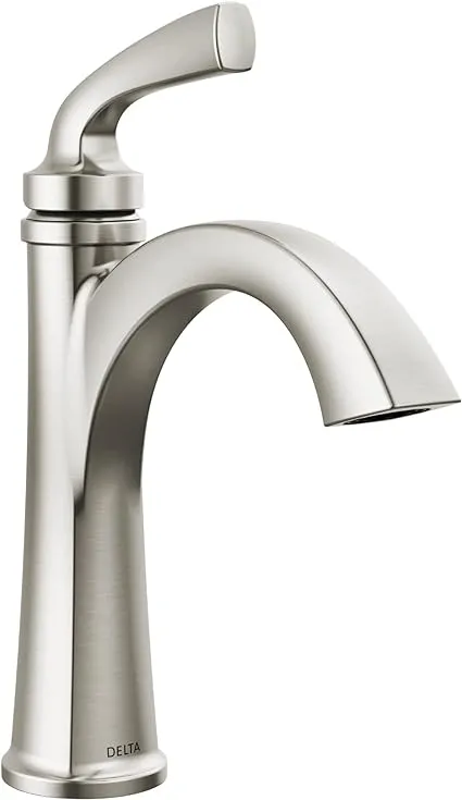 Delta Geist Spotshield Brushed Nickel 1-handle Single Hole WaterSense Mid-arc Bathroom Sink Faucet with Drain with Deck Plate