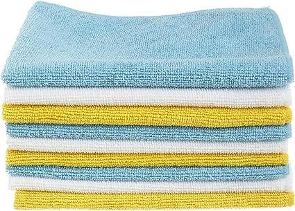 Amazon Basics Microfiber Cleaning Cloth, Non-Abrasive, Reusable and Washable, Pack of 24, Blue/White/Yellow, 16" x 12"